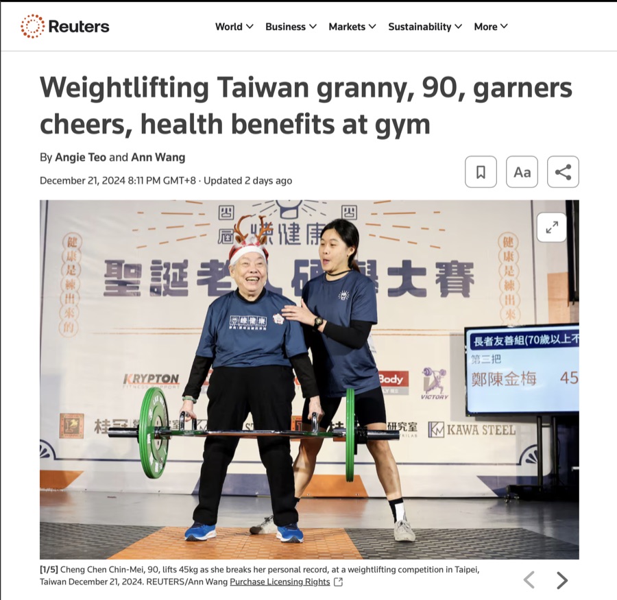 Weightlifting Taiwan granny, 90, garners cheers, health benefits at gym